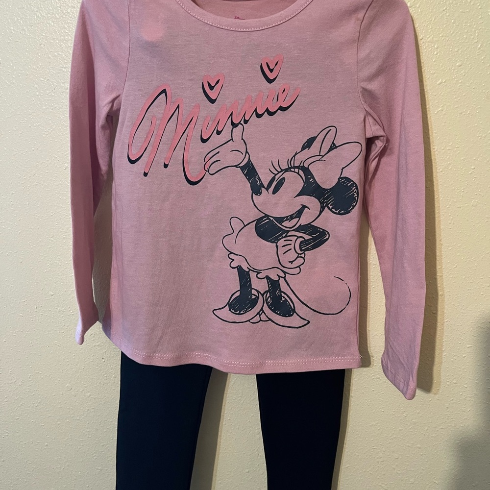 NWOT Disney Minnie Mouse Pink Long Sleeve Tee with black leggings